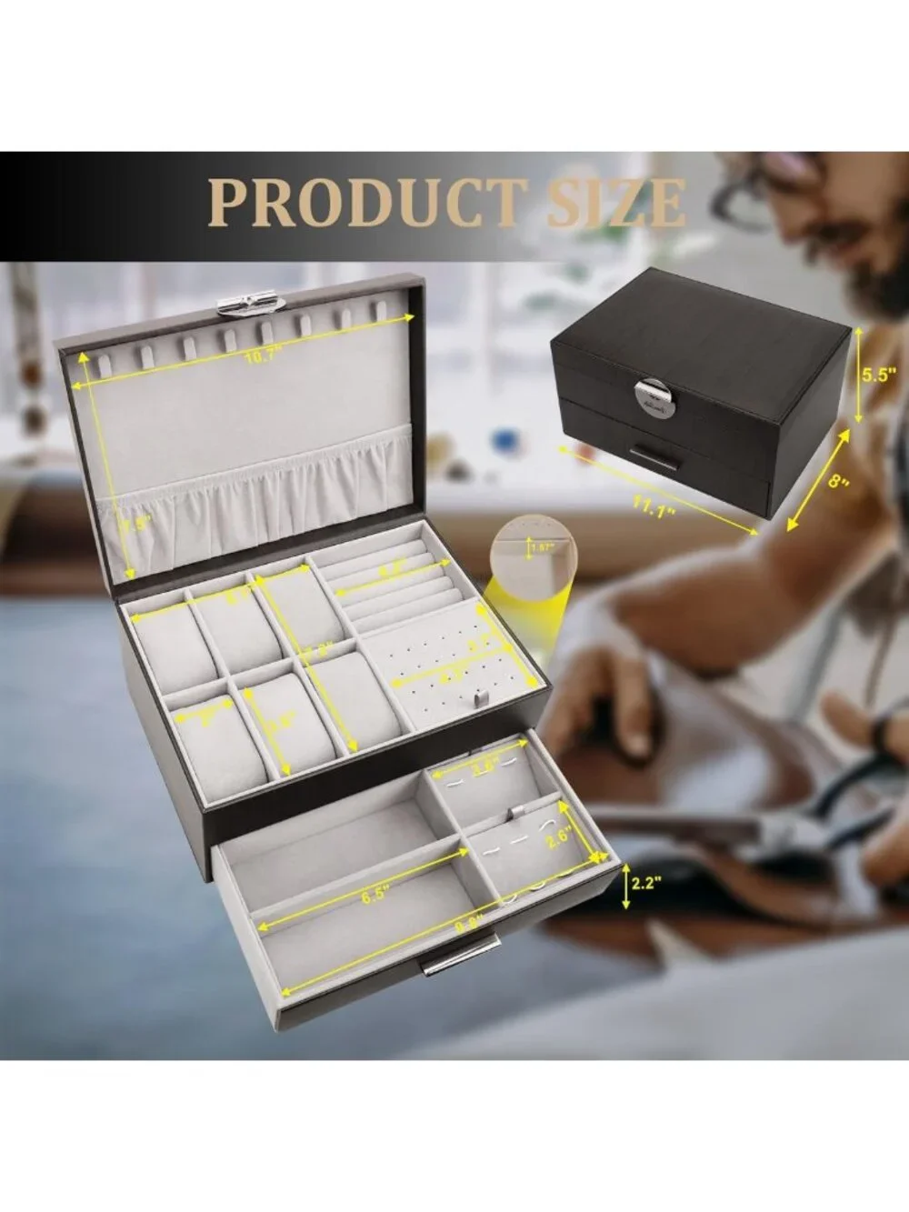 Stylish 2-Layer Jewelry Box Organizer for Men - Watch, Ring & Cufflink Storage